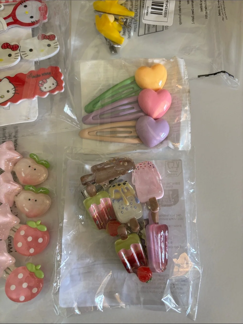 Large Lot of Cute Novelty Hair Clips Hello Kitty Fruit Hearts Ice Cream